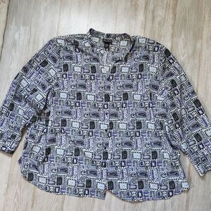 Maggie Barnes Blue Black Geometric Blouse Long Sleeve Button Down Collared Sz 5X